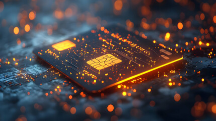 Poster - A futuristic circuit board illuminated with glowing orange lights, representing advanced technology and digital innovation.