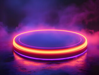 Poster - A vibrant neon platform illuminated by colorful lights, surrounded by ethereal fog, perfect for futuristic settings and creative projects.