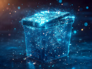 Poster - Futuristic glowing box with sparkling particles, creating an ethereal visual effect in a dark atmosphere.