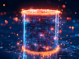 Poster - A glowing, futuristic cylinder surrounded by sparkles, representing technology and innovation in a digital world.
