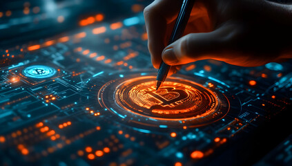 Poster - A close-up of a hand using a pen on a futuristic digital interface displaying a glowing Bitcoin symbol.