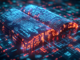 Poster - A digital book surrounded by glowing binary code, symbolizing modern knowledge and technology in a futuristic setting.