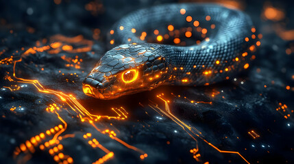 Poster - A futuristic snake with glowing patterns, symbolizing technology and nature merging in a digital landscape.
