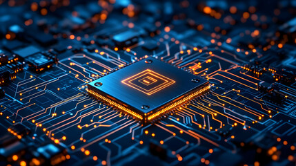 Poster - Close-up of a digital circuit board with a glowing microchip, showcasing advanced technology and intricate designs.