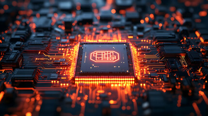 Poster - High-tech microchip on a circuit board glowing in vibrant orange hues, representing advanced technology and innovation.