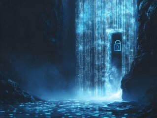 Wall Mural - A captivating digital artwork featuring a glowing waterfall with a lock symbol, set in a mysterious, dark environment.