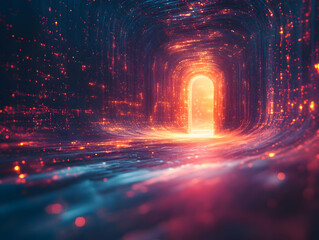 Poster - A mesmerizing tunnel with luminous textures and a vibrant glowing door, creating an ethereal and enchanting atmosphere.