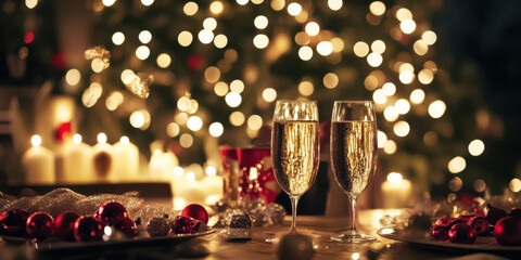 Cheers to festive season with two glasses of sparkling champagne, surrounded by twinkling lights and holiday decorations. warm ambiance creates joyful atmosphere for celebrations