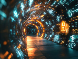 Poster - A futuristic tunnel featuring glowing data patterns and a digital lock symbol, representing security and technology.