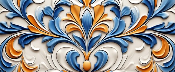 Blue and orange floral 3D pattern on white background.