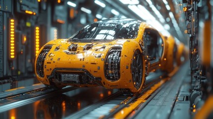 Wall Mural - A futuristic orange robotic vehicle in a high-tech environment.