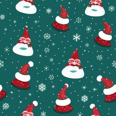 Christmas wrap paper design with trees and Santa Claus. Xmas gift wrapping background with snow and gifts.