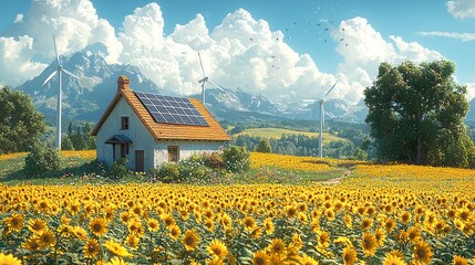 Create a modern vector landscape where solar panels and wind turbines are seamlessly integrated into a rural setting