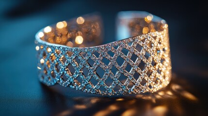 Wall Mural - A sparkling silver cuff bracelet with intricate lattice design and shimmering highlights.