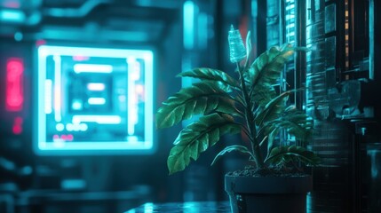 Sticker - A futuristic scene featuring a potted plant amidst neon-lit technology.