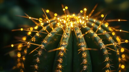 Wall Mural - A close-up of a cactus adorned with glowing lights, creating a magical ambiance.