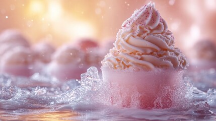 A beautifully crafted pink dessert with whipped cream, surrounded by splashes of water.