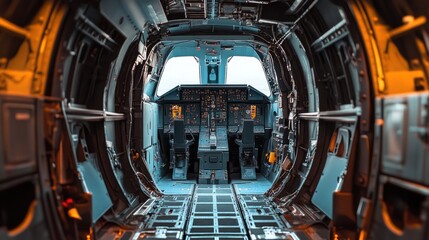 Poster - Interior view of an aircraft cockpit highlighting control panels and seating.