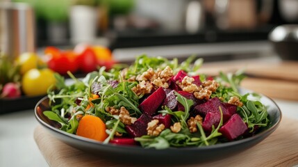 Wall Mural - Colorful and Healthy Beet Salad with Fresh Greens and Nuts