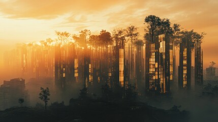 Poster - A surreal landscape of towering glass structures surrounded by trees at sunset.