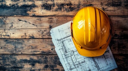 Yellow Hard Hat and Blueprint on a Wooden Surface