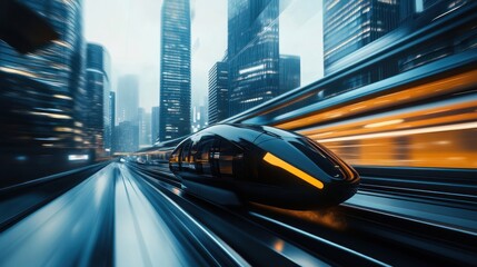 Poster - A futuristic train speeds through a modern cityscape, showcasing advanced transportation technology.