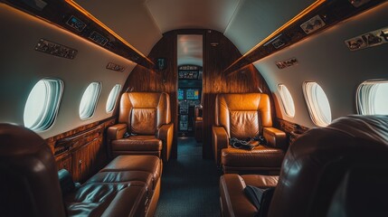 Sticker - Interior of a private jet showcasing luxurious seating and cockpit access.