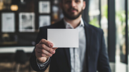 a businessman in modern office holding a blank white paper card