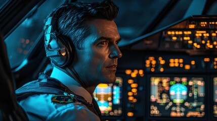 Canvas Print - A pilot in a cockpit, focused on flight instruments with a blue-toned ambiance.