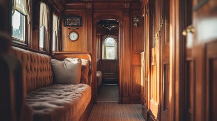 Poster - A cozy interior of a vintage train carriage featuring wooden decor and comfortable seating.