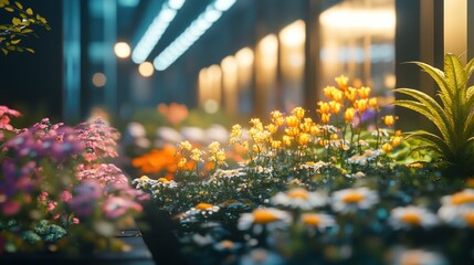 A vibrant night scene featuring colorful flowers in a well-lit urban setting.