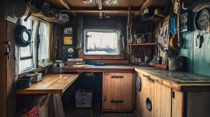 Wall Mural - A cozy, rustic interior of a boat with wooden surfaces and nautical decor.