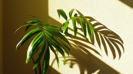 Aufkleber - The elegant palm leaf casts intricate shadows on a soft textured wall, highlighted by warm afternoon sunlight