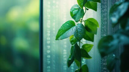 Poster - A close-up of a green plant with raindrops, set against a blurred, digital background.