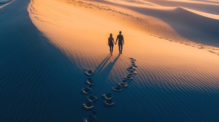 Canvas Print - A couple walking hand-in-hand on a sandy dune at sunset, leaving footprints behind.