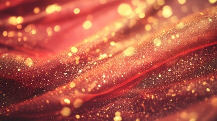 Poster - The vibrant red fabric sparkles with golden glitter, reflecting light and creating a luxurious texture perfect for special events and decor