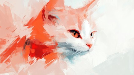 Wall Mural - a cute cat with orange and white fur is depicted amidst playful red and pink paint strokes on a brig