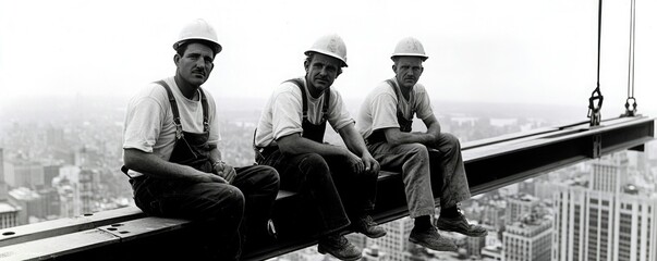 Three construction workers sitting on a steel beam, high above the city, showcasing strength and dedication in their craft.