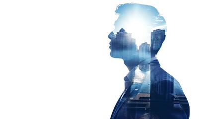 A businessman’s profile intertwined with a vibrant urban skyline captures the essence of investment and growth, depicted in captivating blue hues on a clean white canvas.