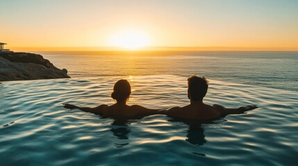 Sticker - A serene sunset view from a pool, with two silhouettes enjoying the moment.