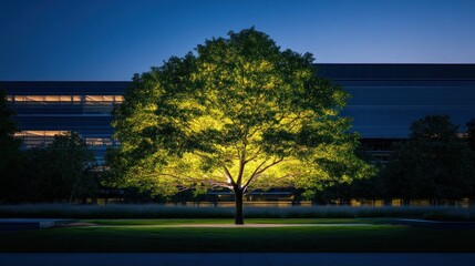 Wall Mural - A brightly illuminated tree stands against a modern building at dusk, creating a serene atmosphere.