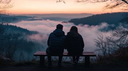 Wall Mural - A couple sitting on a bench, enjoying a scenic sunset over misty hills.