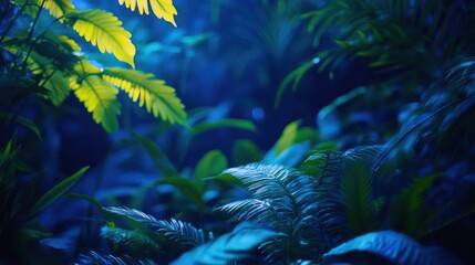 Sticker - A serene, illuminated jungle scene with vibrant green foliage and soft blue lighting.