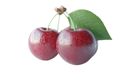 A close-up of two ripe cherries with a green leaf on a white background, showcasing their vibrant red color and fresh appearance.