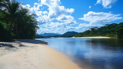 Wall Mural - A calm river flows through a tropical landscape, with lush vegetation and a sandy beach on one side.