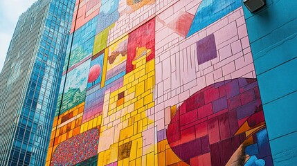 Canvas Print - A vibrant mural showcasing abstract shapes and colors on a city building.