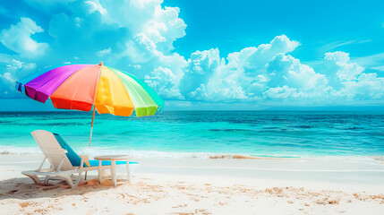 A vibrant beach scene with clear turquoise water, a colorful umbrella, and lounge chairs under a sunny blue sky, perfect for a relaxing vacation.