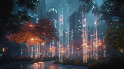 Sticker - A futuristic urban park with glowing trees and skyscrapers in a misty atmosphere.