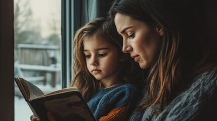 a mother and daughter reading together by a window in a cozy, snowy setting.