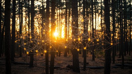 Sticker - A sunset in a forest with a digital network overlay representing connectivity.